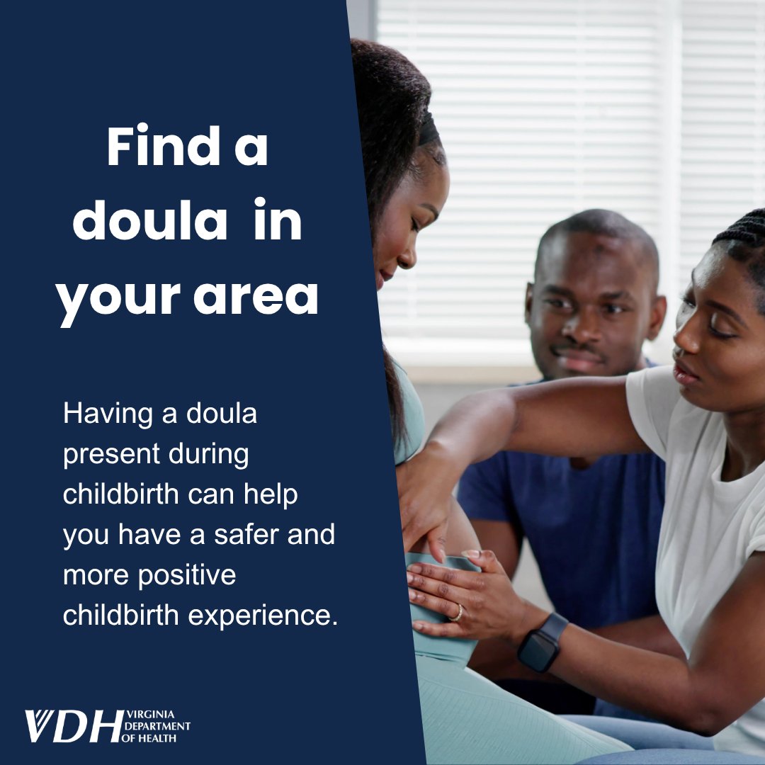 VDHgov's tweet photo. Having a #doula present during childbirth can result in:
✅shorter delivery times
✅fewer C-sections and birth complications
✅less time in the NICU
✅increased breastfeeding
Access the doula registry of state certified doulas at https://t.co/O8piPG3Uwe for more information. https://t.co/rvZIKKqMOT