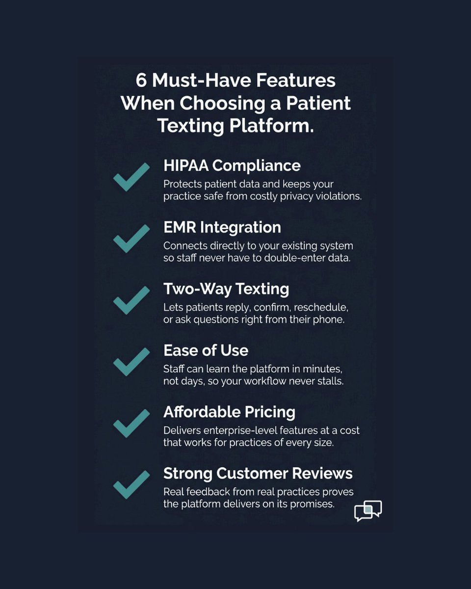 curogram's tweet image. 6 must-haves for patient texting: HIPAA compliance, EMR integration, two-way texting, ease of use, affordable pricing, strong reviews. 

Missing any of these? Keep looking.

bit.ly/4mo3FXn

#PatientCommunication #HealthcareTech #MedicalPractice #Curogram