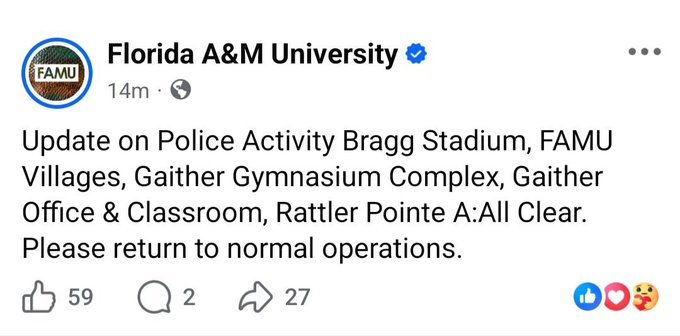 upuknews1's tweet image. #BREAKING : Florida A&amp;amp;M University in Tallahassee has issued an “All Clear” after police activity near Bragg Stadium, FAMU Villages, the Gymnasium Complex, and Rattler Pointe. 

The shelter-in-place order has been lifted, and campus operations are returning to normal.

#FAMU