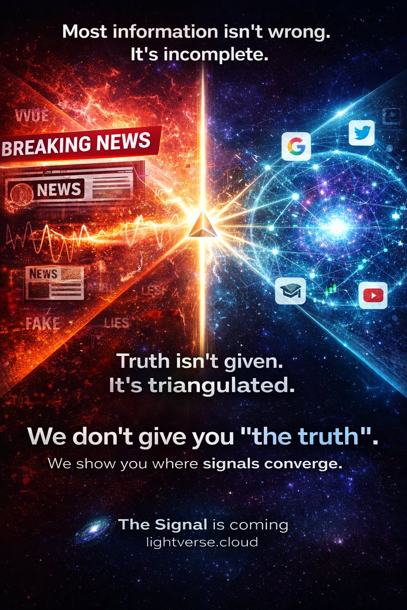 lightverseweb's tweet photo. Most information isn't wrong.

It's incomplete.

A new System that doesn't define what's true or false. 
-> It shows you where Independent Sources agree.

Not objective
-> but Transparent

The Signal is coming
https://t.co/izedYrqlXX https://t.co/QcIr4lhWot