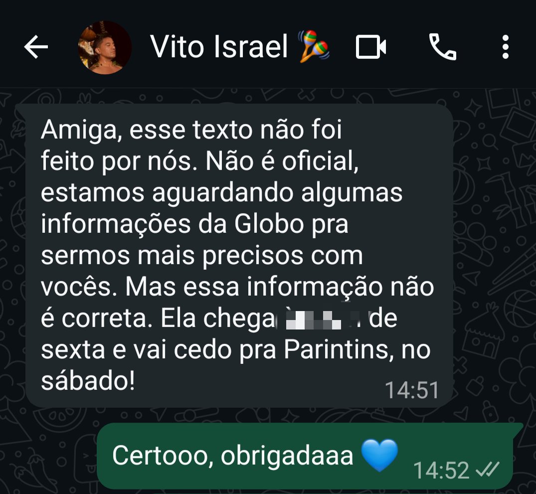 🚨 Existe um texto apelativo rodando pelos grupos de fãs da Marciele que não foi aprovado por ninguém da equipe dela. O texto expõe o horário de chegada dela em Manaus e a saída para PIN, e fala de possíveis organizações para a chegada dela. Até aí "tudo bem" né? Mas a pessoa que
