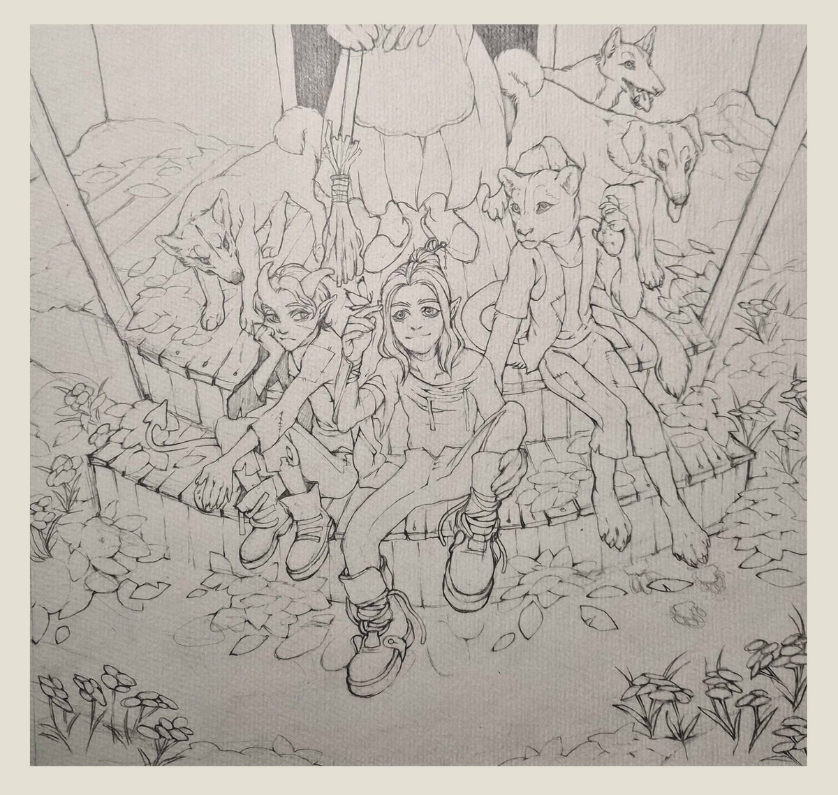 Plotva10's tweet photo. .:Kids from Shadycreek Run. Brevyn, Cree and Lucien:.
another sketch i made and plan to color at some point.  Forget-me-nots are blooming early this year. #CriticalRole #critrolefanart https://t.co/wEodO3jJae