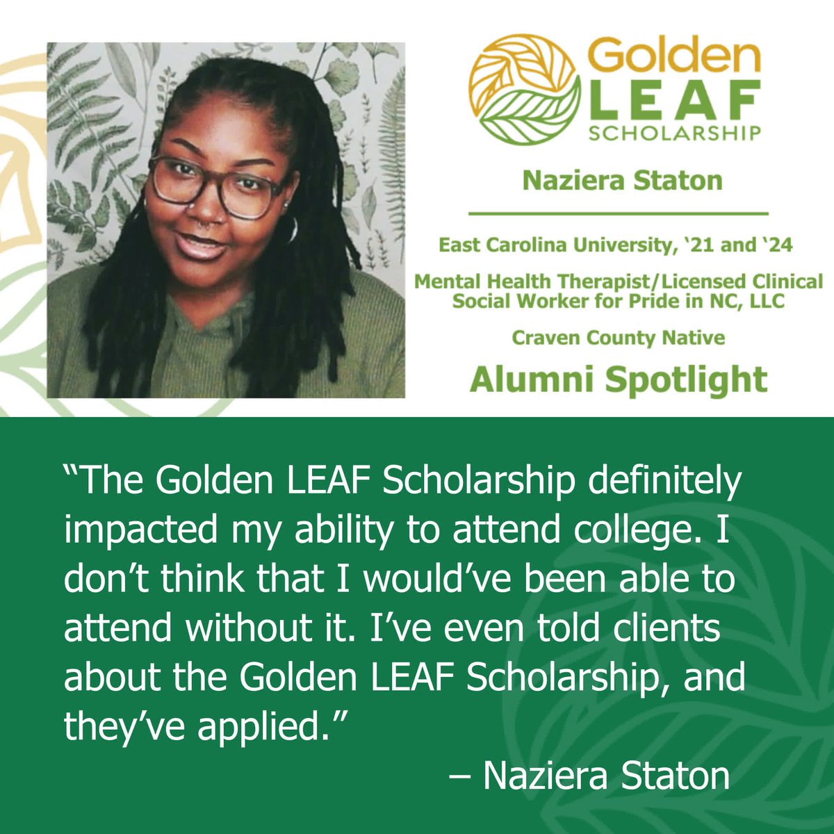 NCgoldenLEAF's tweet photo. 🔆Golden LEAF Scholar Spotlight: Naziera Staton
When financial barriers nearly kept her from college, the Golden LEAF Scholarship helped her earn a bachelor's degree from @EastCarolina.
https://t.co/YLJVyQt6E6 
#GoldenLEAFScholarship #RuralNC #ScholarSuccess #RuralWorkforce https://t.co/79gOFwYMJ8