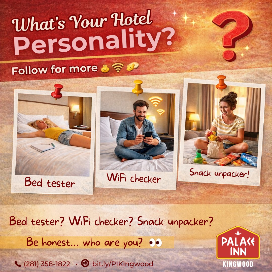 PalaceinnKTX's tweet photo. Are you the one who jumps straight into bed after check-in? 🛏️ Or do you test the WiFi first? 📶 Maybe you brought snacks? 😅 
No matter your style, Palace Inn Kingwood has it all for a comfy stay! 💛 
#HotelPersonality #TravelFun #Relatable #KingwoodTX #HotelStay #RoadTripVibes https://t.co/4wJMkQBBic