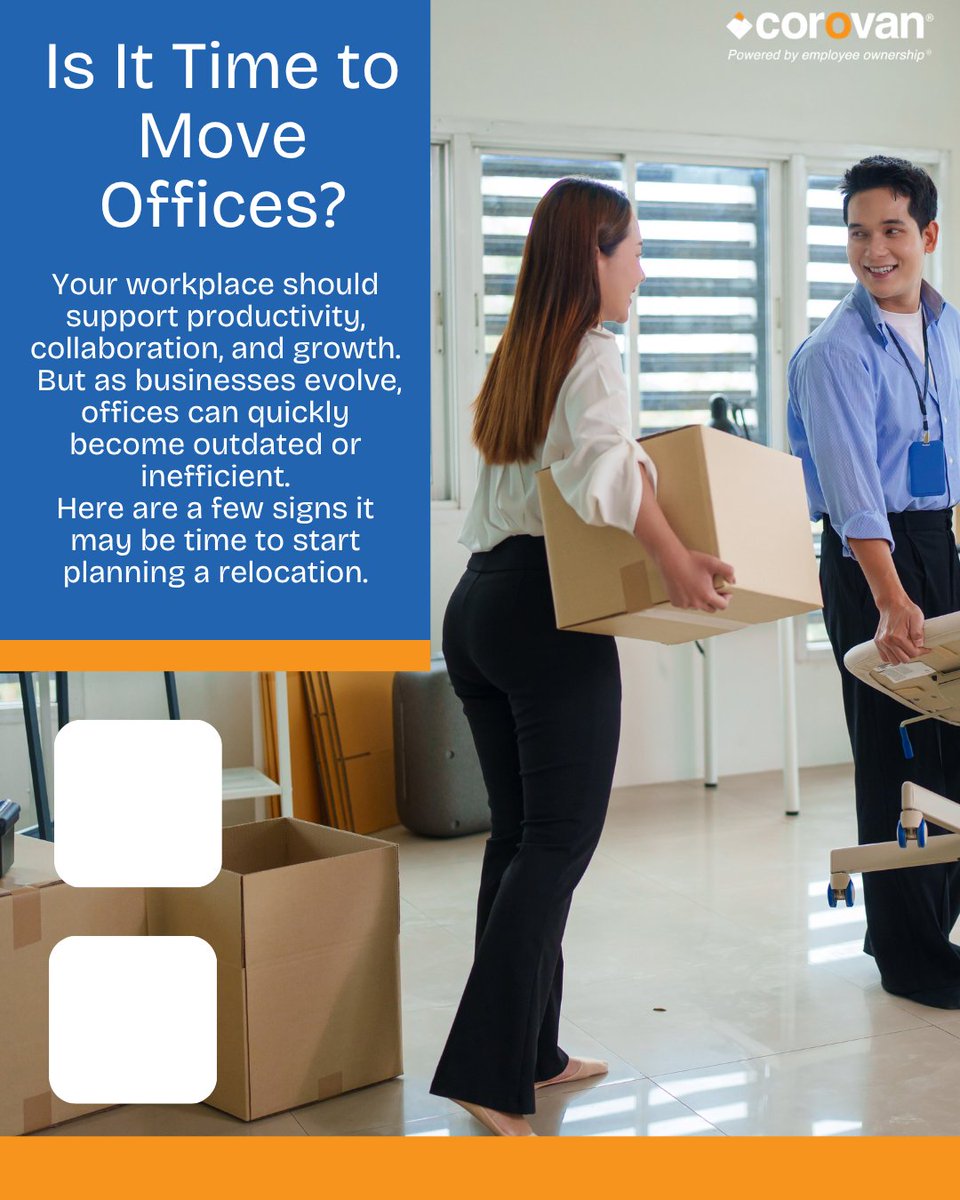 CorovanMoves's tweet image. Outgrowing your office? Crowded spaces, rising costs, or outdated layouts may be signs that it’s time to move. A well-planned relocation can improve productivity, collaboration, and growth potential.
#OfficeRelocation #WorkplaceStrategy #FacilitiesManagement #OfficeMove