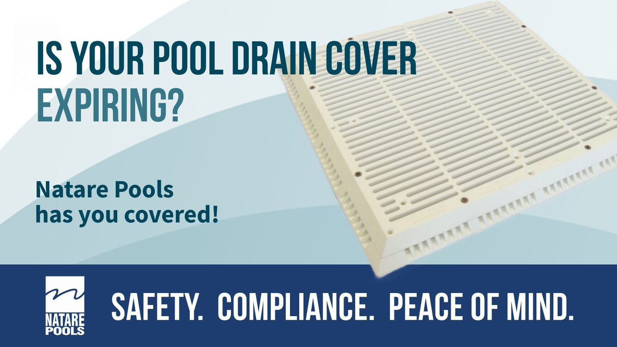 NatarePools's tweet photo. When was the last time you checked your pool drain covers? 

Federal law requires replacement every 10 years.

Expired covers = increased risk of entrapment, injury &amp; fines.

If you need new VGBA-compliant drain covers, contact us for more information. https://t.co/norLv0TOii