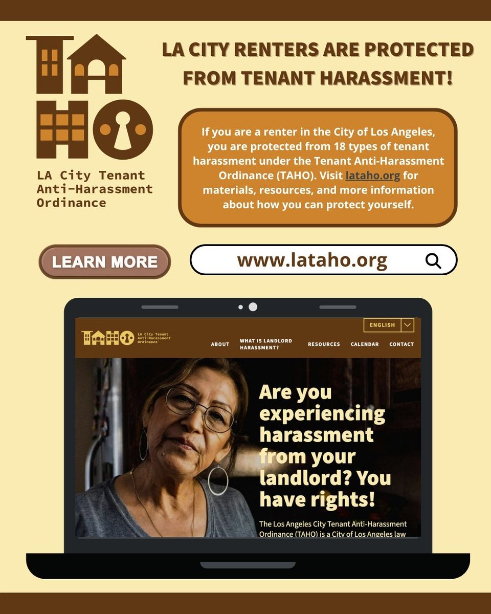 stayhousedla's tweet photo. If your landlord is cutting services, ignoring repairs, or pressuring you to move out, you may have protections under the City of LA’s Tenant Anti-Harassment Ordinance (TAHO). 

Renters can visit https://t.co/70Dwpa6Dgl to learn their rights and access free resources. https://t.co/HEMHVRiPj3