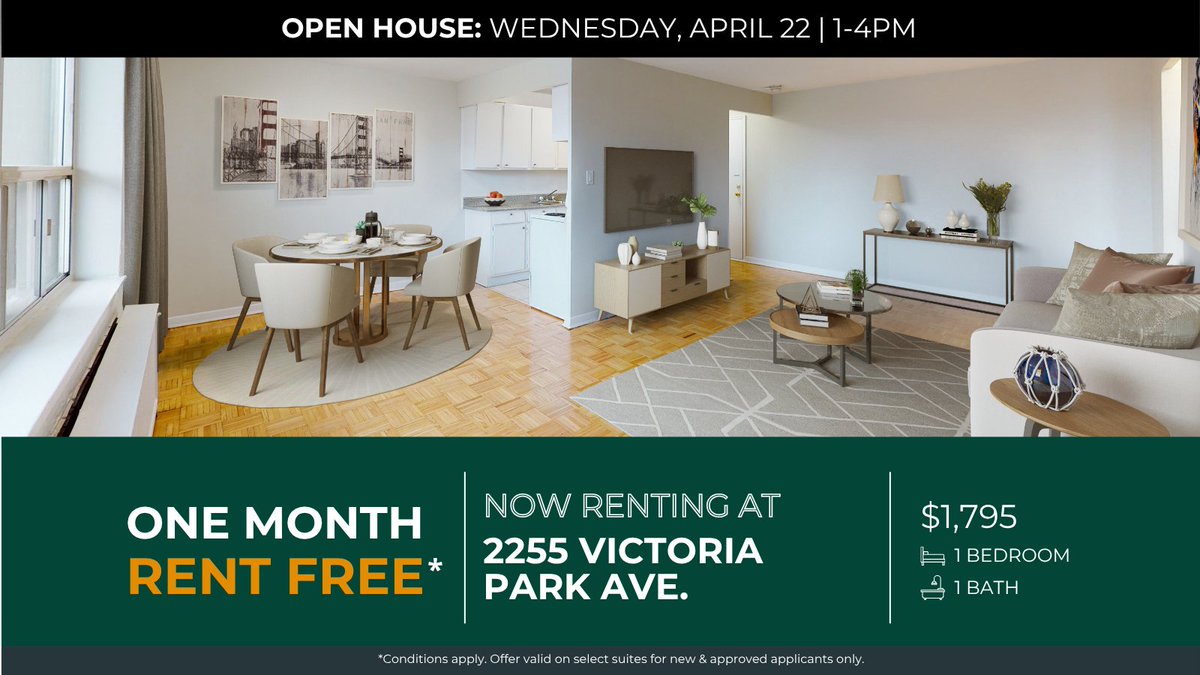GreenwinTALKS's tweet image. Your next home is waiting at 2255 Victoria Park Ave. 🏡

1 beds starting at $1,795. Heat and water included, TTC steps away, and minutes to Parkway Mall.

🎉 1 month FREE
📅 Open House April 22, 1-4 PM
📱 249-702-4555

#TorontoRentals #OpenHouse #ApartmentForRent