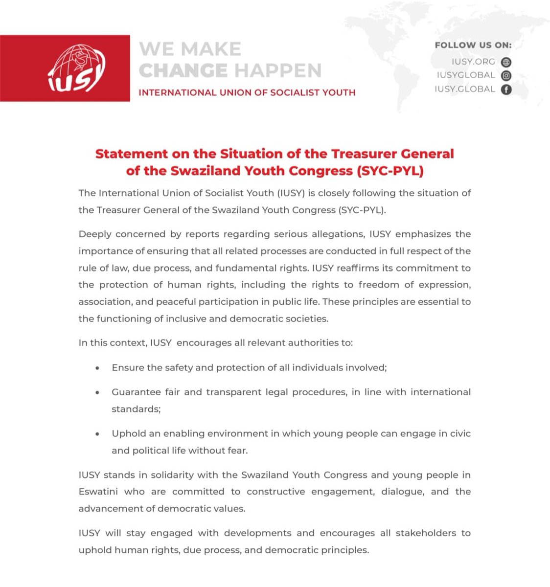 IUSY is closely following the situation of the SYC-PYL Treasurer General and calls on all authorities to ensure due process, rule of law, and the protection of human rights. Young people must be able to engage in public life without fear. ✊
