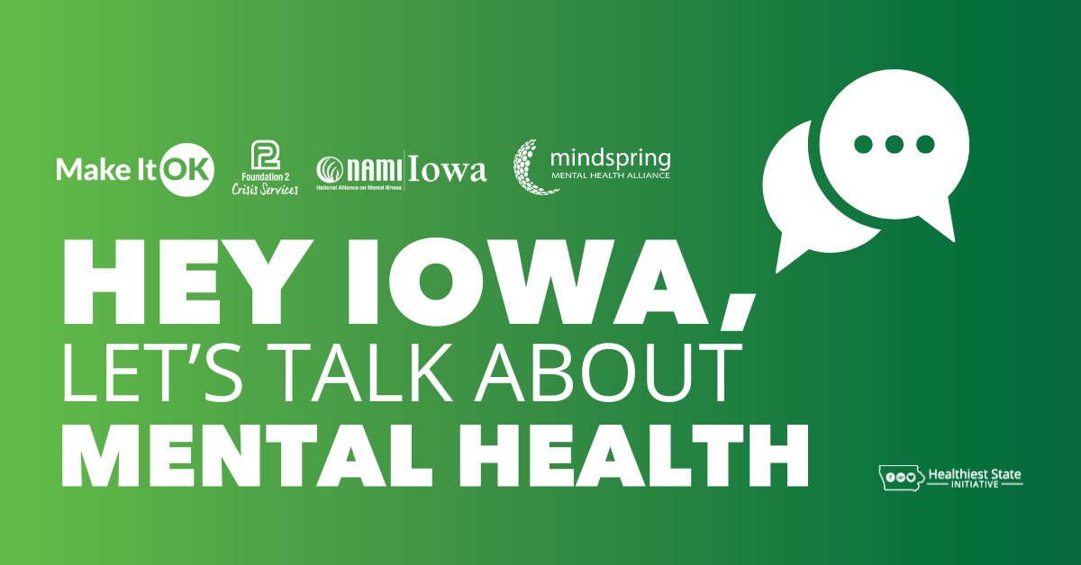 HealthiestIowa's tweet photo. #MentalHealthAwarenessMonth kicks off in just two weeks! Make your voice heard and be a part of change in Iowa this May.💚🧠

Download the free #MakeItOKIowa toolkit for resources to reduce stigma and start conversations.

https://t.co/wQB2YqmEpv https://t.co/4t32Whc3r4