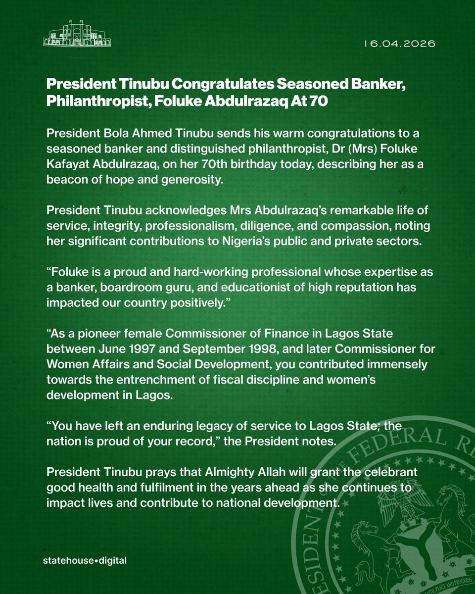 NGRPresident's tweet photo. President Tinubu Congratulates Seasoned Banker, Philanthropist, Foluke Abdulrazaq At 70. https://t.co/iY0hD9tpJt