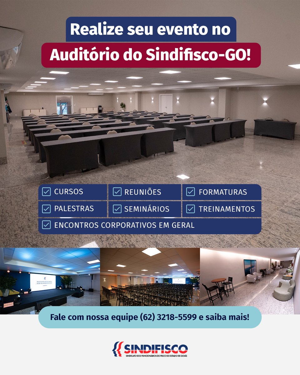 Palestras, seminários, treinamentos, cursos… seja qual for a sua necessidade, o Sindifisco-GO disponibiliza seu auditório para locações para ações institucionais e corporativas.

Entre em contato com nossa equipe pelo telefone (62) 3218-5599 e reserve já sua data!