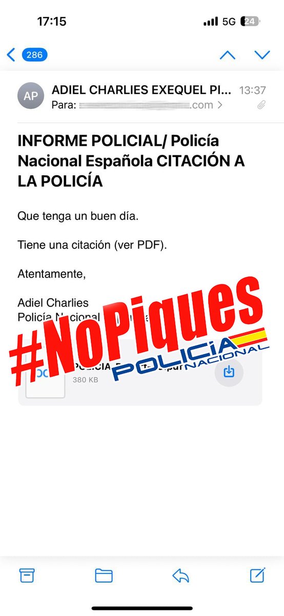 policia's tweet photo. ⚠️NO, no somos nosotros⚠️

Intentan hacerse pasar por @policia con una falsa citación, si lo recibes ➡️🗑️

Ayúdanos a compartirlo🔃
#NoPiques https://t.co/DrbI2sqWOw