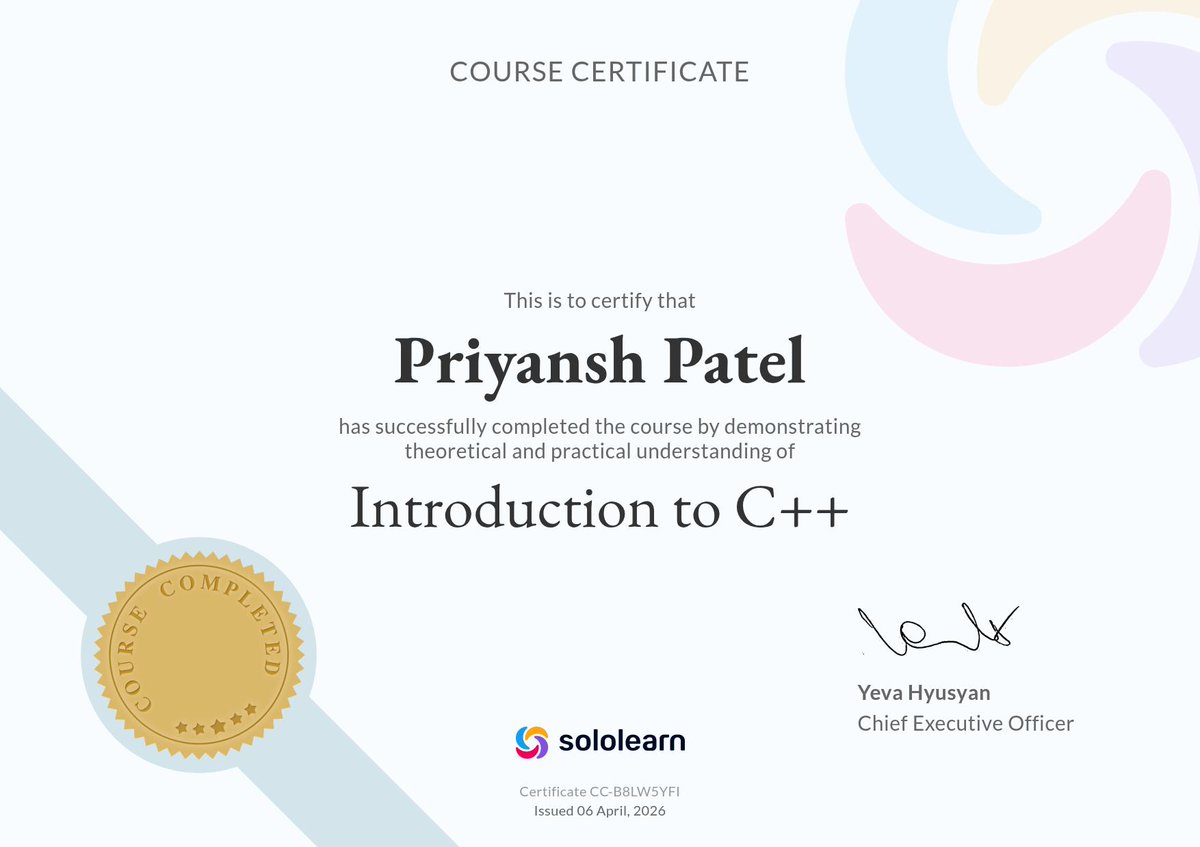 Priyanshhh_300's tweet image. Successfully completed the "Introduction to C++" course from SoloLearn.

Continuing to build a strong foundation in programming and problem-solving.

#CPlusPlus #Programming #Learning #Developer
