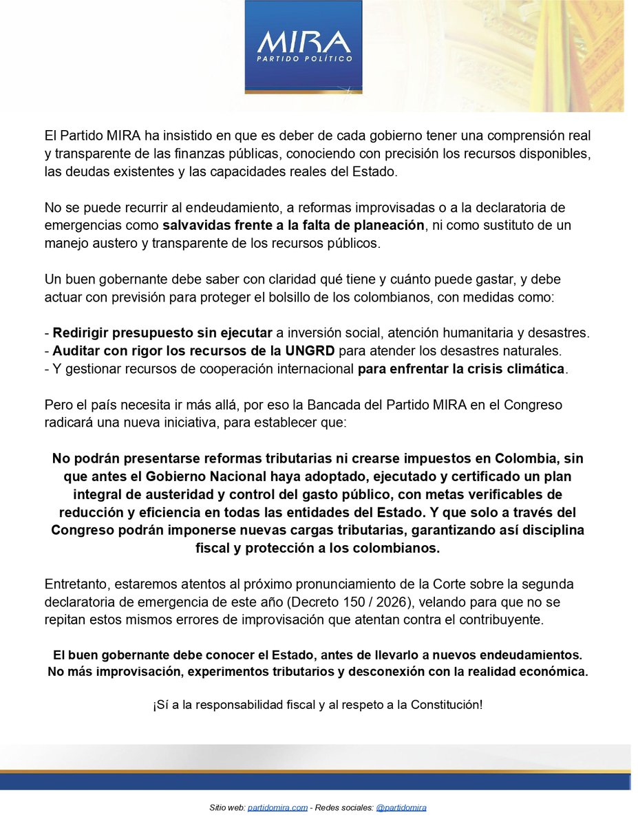 Comunicado

El <a href="/PartidoMIRA/">Partido MIRA</a> acompaña el fallo de la <a href="/CConstitucional/">Corte Constitucional</a> que frena varios impuestos por decreto expedidos por <a href="/infopresidencia/">Presidencia Colombia 🇨🇴</a> y <a href="/MinHacienda/">MinHacienda</a>.

Seguiremos defendiendo el empleo y promoviendo la transparencia, austeridad y gasto eficiente en el Estado. <a href="/SenadoGovCo/">Senado de la República 🇨🇴</a>