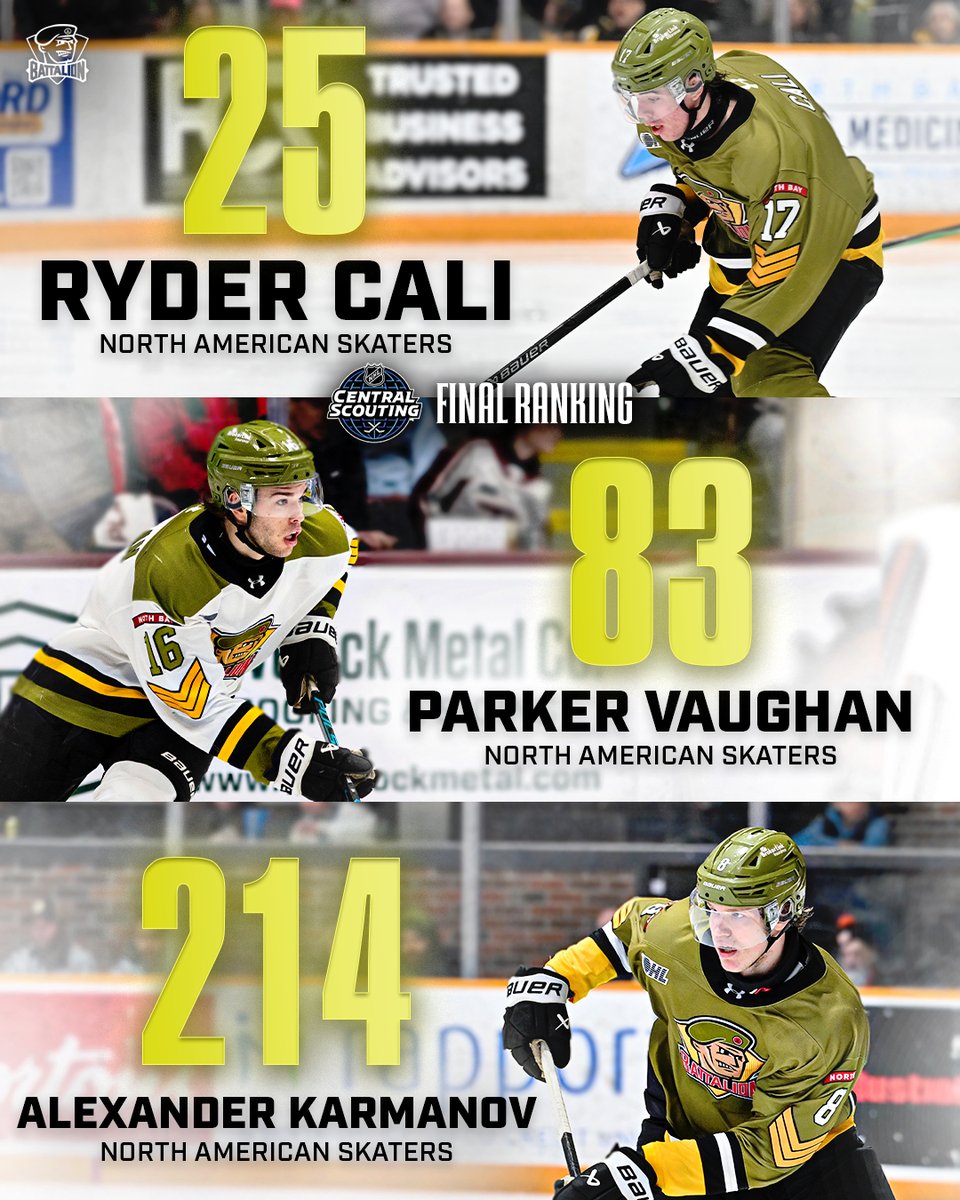 OHLBattalion's tweet photo. 3 Troops are listed in the NHL Central Scouting Final Rankings 🫡

Ryder Cali - 25
Parker Vaughan - 83
Alexander Karmanov - 214

🗞️ | https://t.co/l5t4jEjyUt https://t.co/gPOSlMui5R