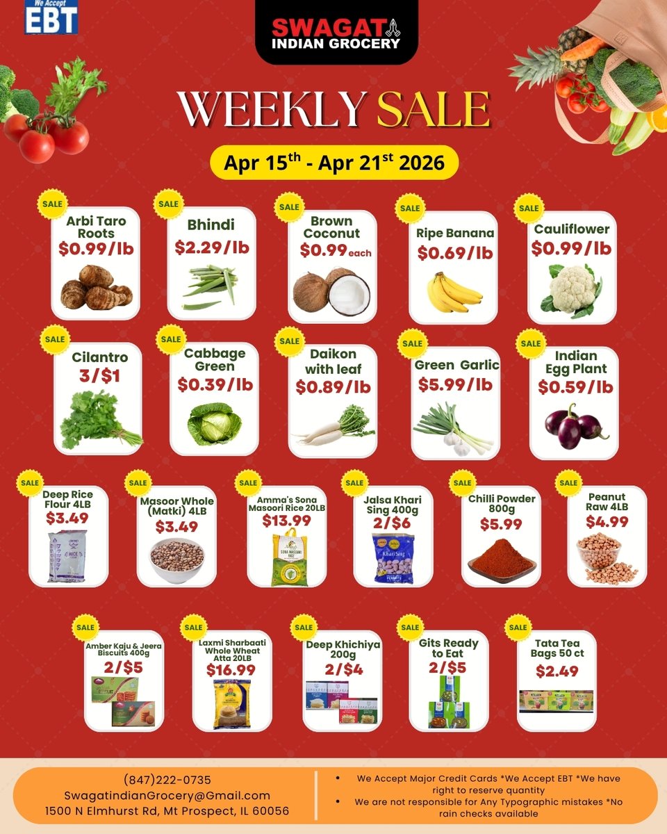 SwagatGrocery's tweet image. Weekly Sale LIVE at #SwagatIndianGrocery 🇮🇳🛒
Best deals on Indian groceries, spices &amp;amp; snacks!
Shop now &amp;amp; save big 💰

Shop Now👉: swagatgrocery.com

#VegetableSale #FreshVeggies #IndianGroceryStore #HealthyEating #GroceryOffers #WeeklyDeals #GrocerySavings #MtProspectIL