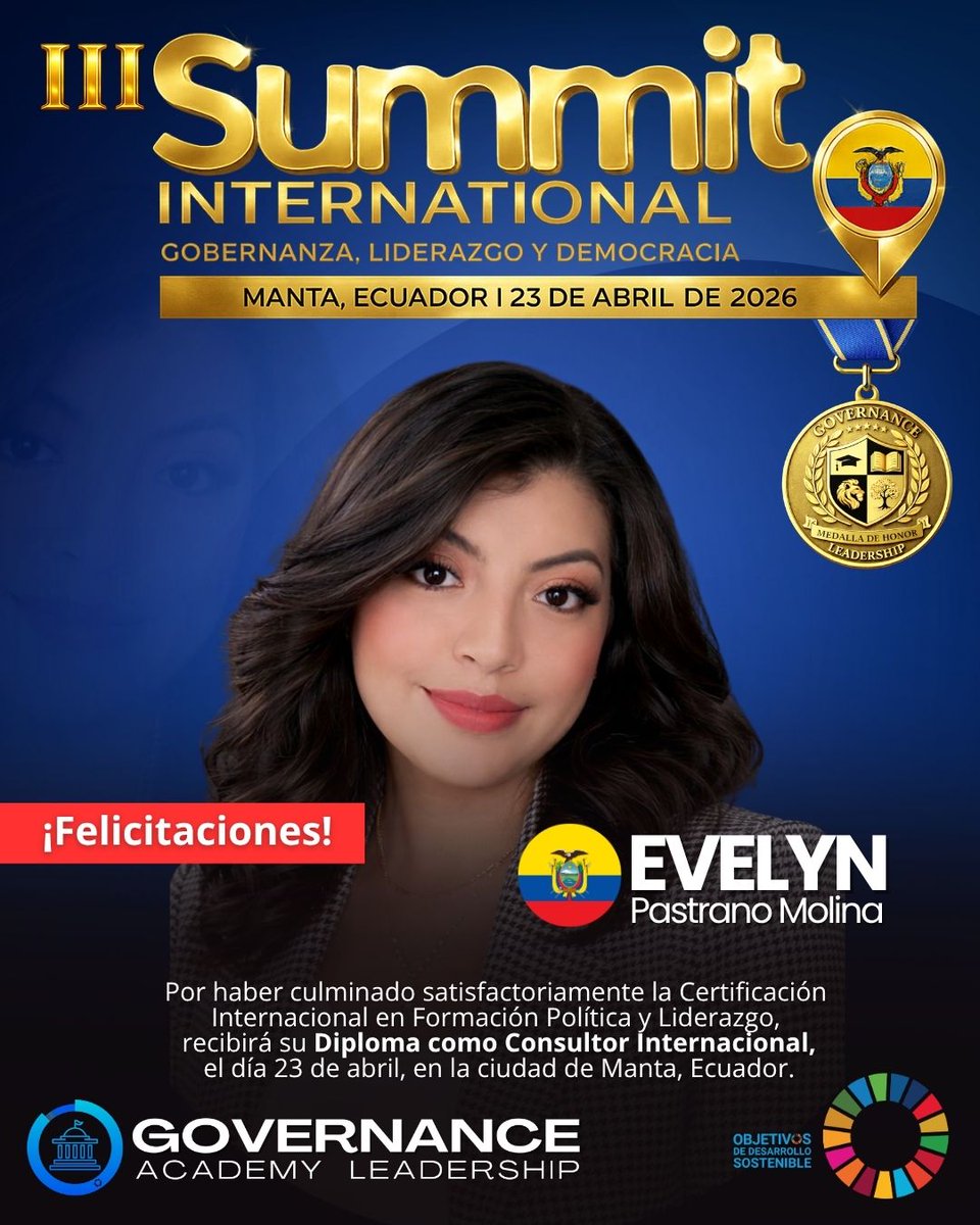🏛️ ¡𝐁𝐢𝐞𝐧𝐯𝐞𝐧𝐢𝐝𝐚 𝐝𝐞𝐬𝐝𝐞 𝐄𝐜𝐮𝐚𝐝𝐨𝐫, 𝐄𝐯𝐞𝐥𝐲𝐧 𝐉𝐚𝐧𝐢𝐧𝐚 𝐏𝐚𝐬𝐭𝐫𝐚𝐧𝐨 𝐌𝐨𝐥𝐢𝐧𝐚 🇪🇨!
Será parte de la 𝐂𝐞𝐫𝐞𝐦𝐨𝐧𝐢𝐚 𝐎𝐟𝐢𝐜𝐢𝐚𝐥 🎓 de entrega de diploma y medalla de honor.

Reconocemos su disciplina, constancia y liderazgo con proyección