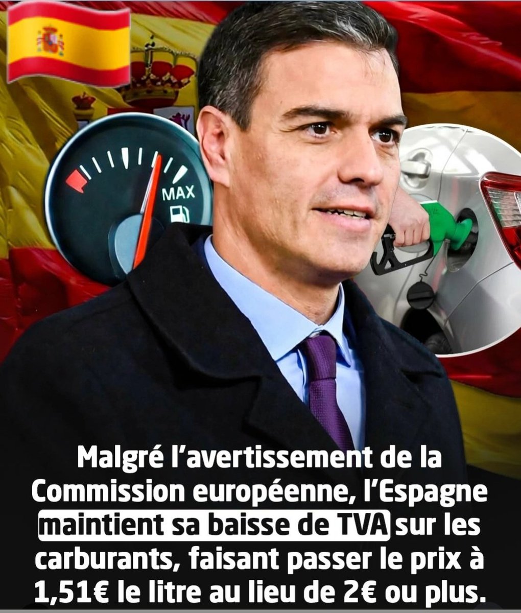 🚨📢 🇪🇦  Malgré l'avertissement de la Commission européenne, l'Espagne maintient sa baisse de TVA sur les carburants🏆

➡️ faisant passer le prix à 1,51€ le litre au lieu de 2€ ou plus