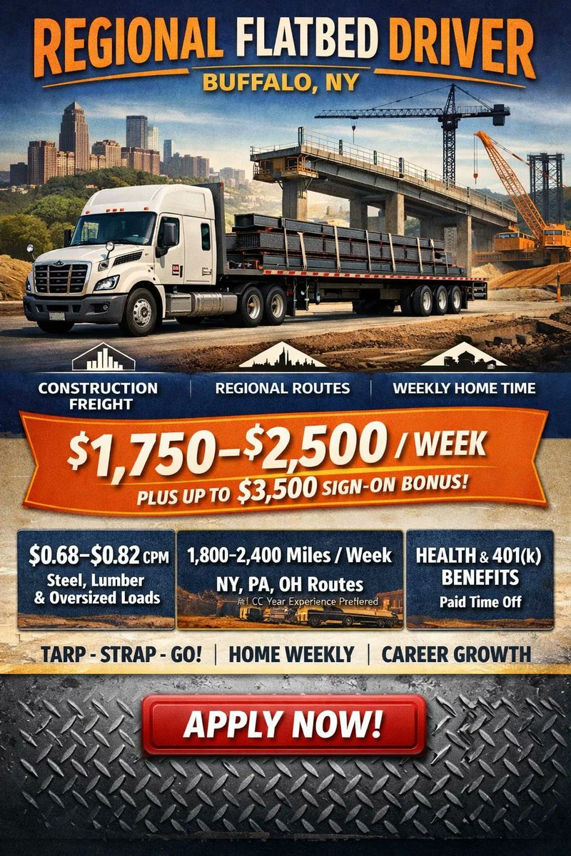 CDLAJobsUSA's tweet image. REGIONAL FLATBED CDL-A — Buffalo, NY
💰 $1,750–$2,500/week | 🏠 Weekly home
Construction freight (steel, lumber, oversized).
🔥 $0.68–$0.82 CPM + load bonuses
💵 Up to $3,500 bonus
📍 NY / OH / PA lanes

👉 cdlajobsusa.com/cdl-a-flatbed-…
#CDLjobs #Flatbed #TruckDriver #NowHiring