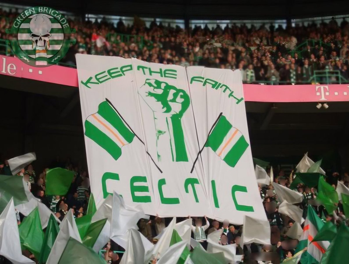 On 16 April 2008, the Green Brigade unveiled the infamous "Scotland's Shame" banner pointed at the Huns.

For the same game, the pre-match message was "Keep The Faith" in a league campaign where Celtic fought back from behind to win the league championship on the final day.