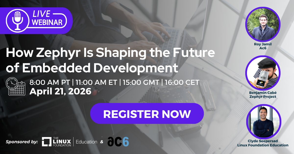 linuxfoundation's tweet image. ⚙️ 🆓 If embedded systems are part of your roadmap, don’t miss this live webinar discussion on reducing platform risk and increasing portability with Zephyr RTOS.

April 21 -- Register today: bit.ly/4rMCEOt 

#EmbeddedDevelopment #ZephyrRTOS #OpenSource