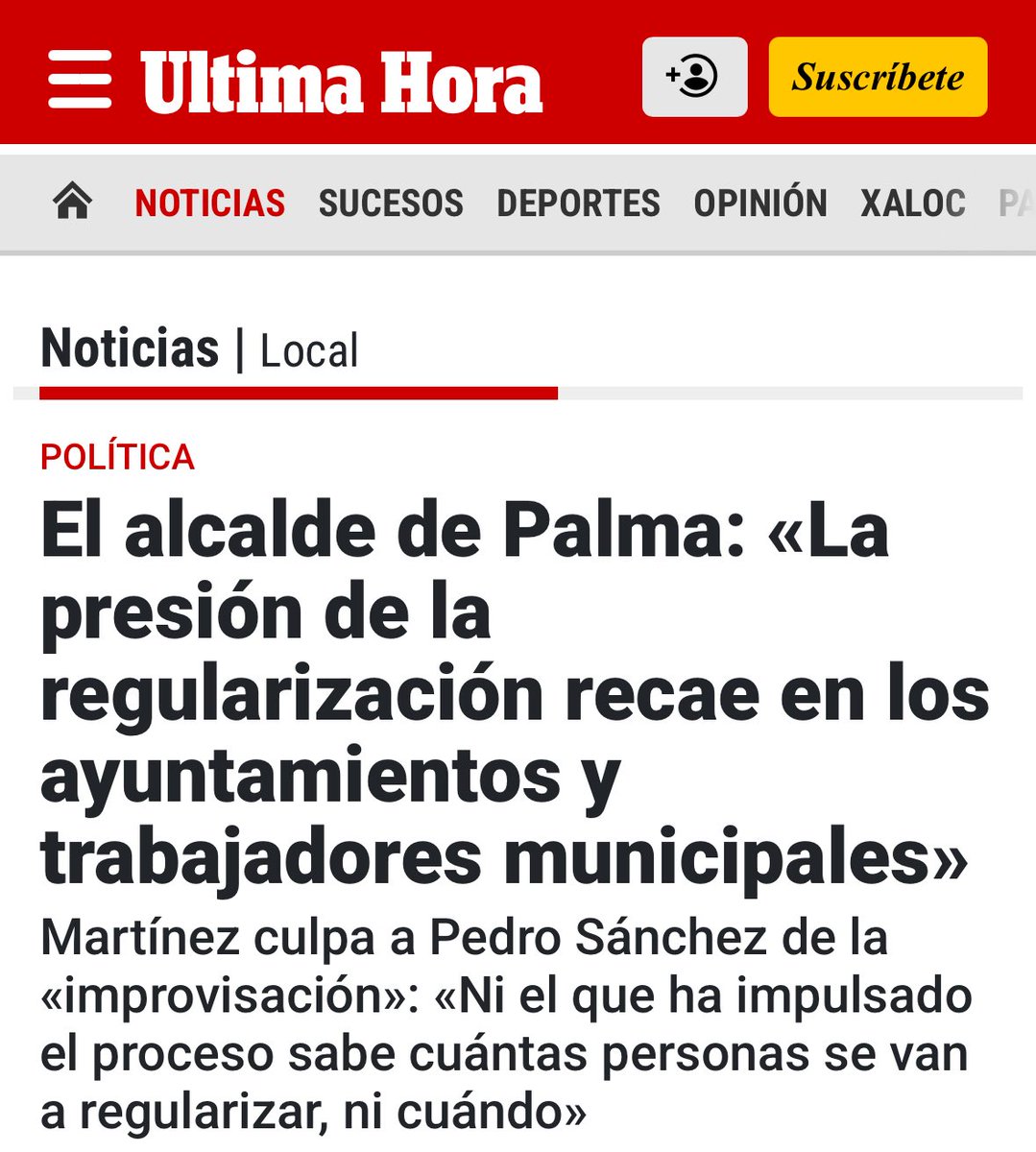 Colapso, caos, improvisación. Eso
es lo que está provocando la regularización extraordinaria promovida por Pedro Sánchez.

Lo explica nuestro alcalde, Jaime Martínez Llabrés 👇