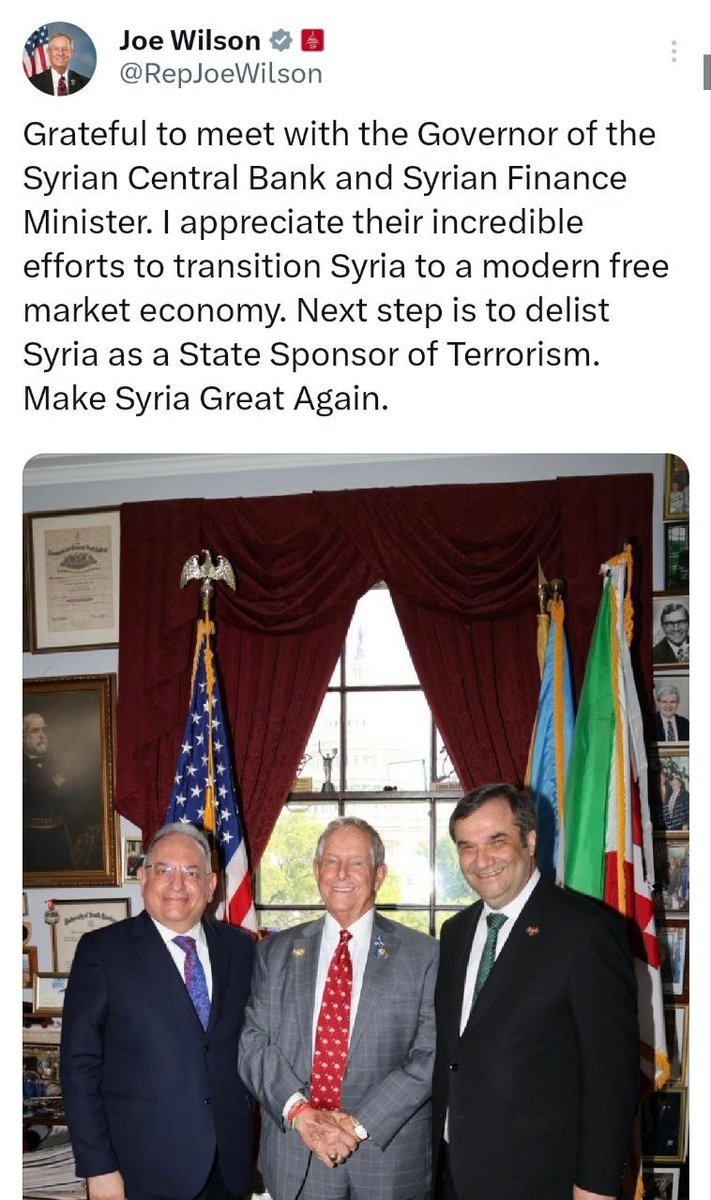 تحرك أمريكي لافت النائب جو ويلسون يلتقي بمسؤولين سوريين ويبدي إعجابه بالخطوات الاقتصادية الجديدة. 📈
​ويلسون: الهدف القادم هو شطب سوريا من قائمة الدول الراعية للإرهاب ودعم إستقرارها الإقتصادي.
​عمار يا سوريا 🇸✨