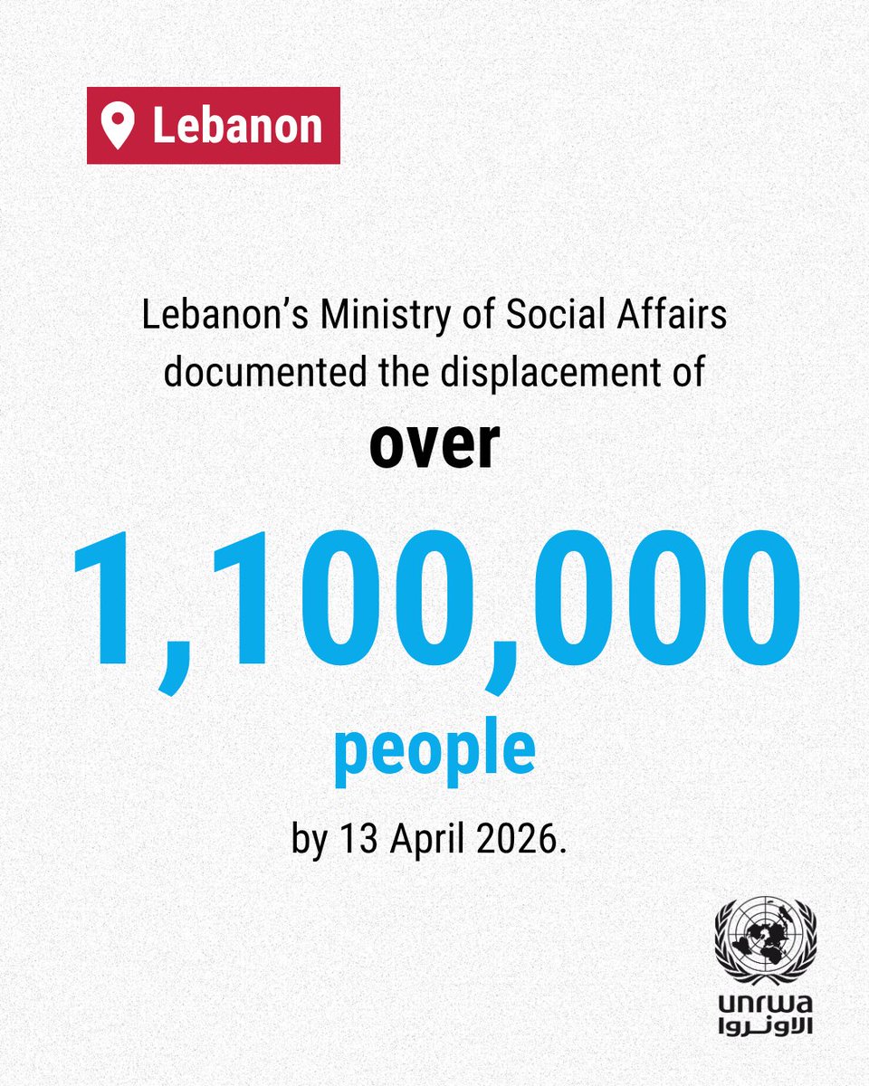 UNRWA's tweet image. Our latest on the situation in 📍#Lebanon:

🔹 By 14 April, a total of 1,741 displaced people (519 families) had been registered in the two UNRWA emergency shelters.  

🔹 As of 14 April, 15 out of 26 UNRWA primary healthcare clinics across Lebanon were operational, while 11