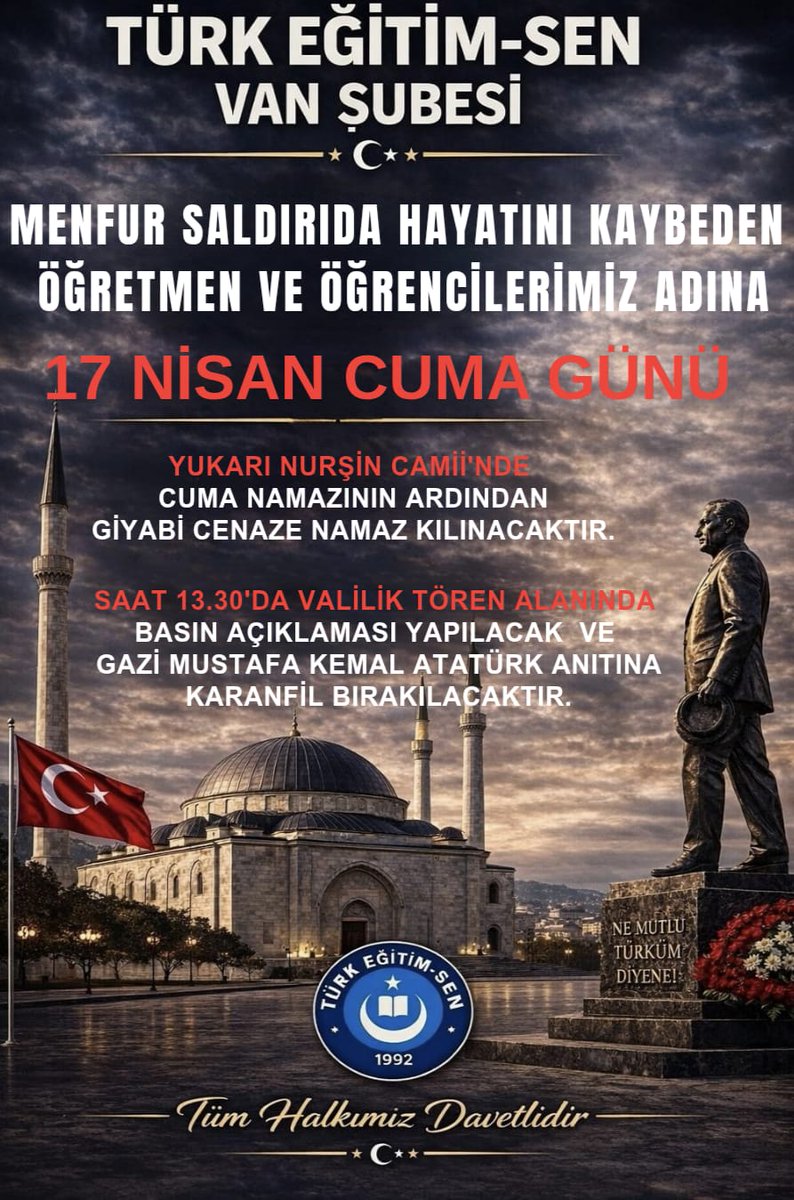 SelcukYurekturk's tweet photo. 🔉SESSİZ KALMIYORUZ.
📌YİTİRDİĞİMİZ ÖĞRETMEN VE ÖĞRENCİLERİMİZ İÇİN 
🖋YUKARI NURŞİN CAMİSİNDE CUMA NAMAZININ ARDINDAN GIYABİ CENAZE NAMAZI KILIYORUZ
🖋  SAAT 13.30 DA VALİLİK TÖREN ALANINDA BASIN AÇIKLAMASI VE BAŞÖĞRETMEN MUSTAFA KEMAL ATATÜRK ANITINA KARANFİLLER BIRAKIYORUZ.
@tesvan65