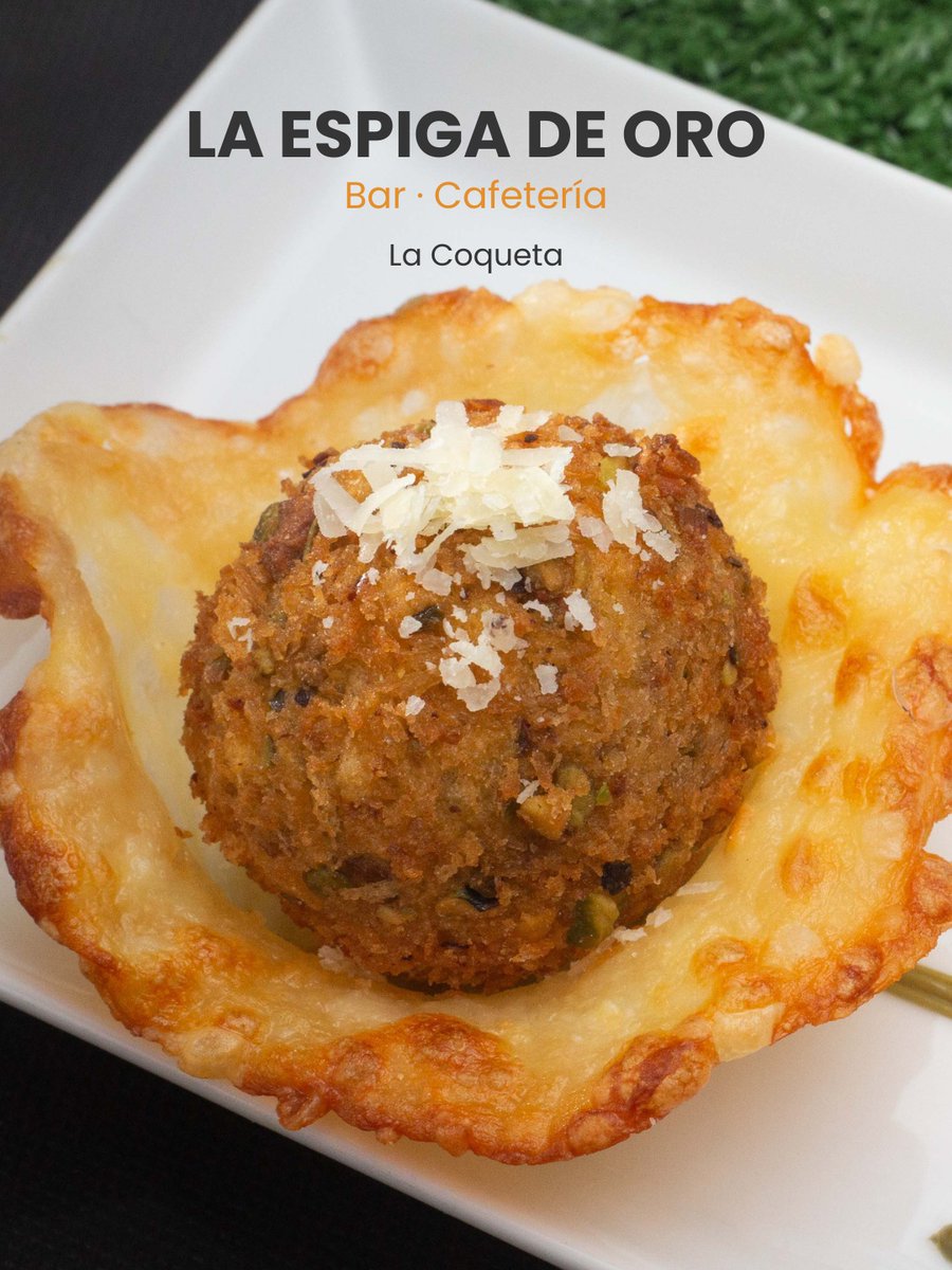 Asohtur's tweet photo. LA ESPIGA DE ORO · La Coqueta  En Ágreda, La Espiga de Oro es ese punto de encuentro para disfrutar en familia o con amigos.  Su croqueta “La Coqueta” es una muestra de ese espíritu: cuidada, diferente, una explosión de quesos, miel y un toque dulce de pistacho. https://t.co/mSKHrRp01c