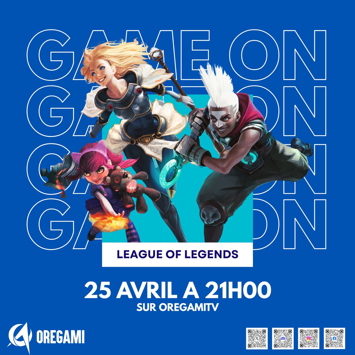oregami45's tweet photo. 🎮 Game On ! League of Legends 🎮

🗓 Samedi 25 avril à 21h

Une équipe de l’Armée de l’Air (AAE Esport) est prête à en découdre… et de notre côté, notre équipe de la Ligue Poro (Oregami no kami) est ready pour les défier ! 

📺 Stream avec Mateous et Demetor aux commandes. https://t.co/FWGlCwrIfD