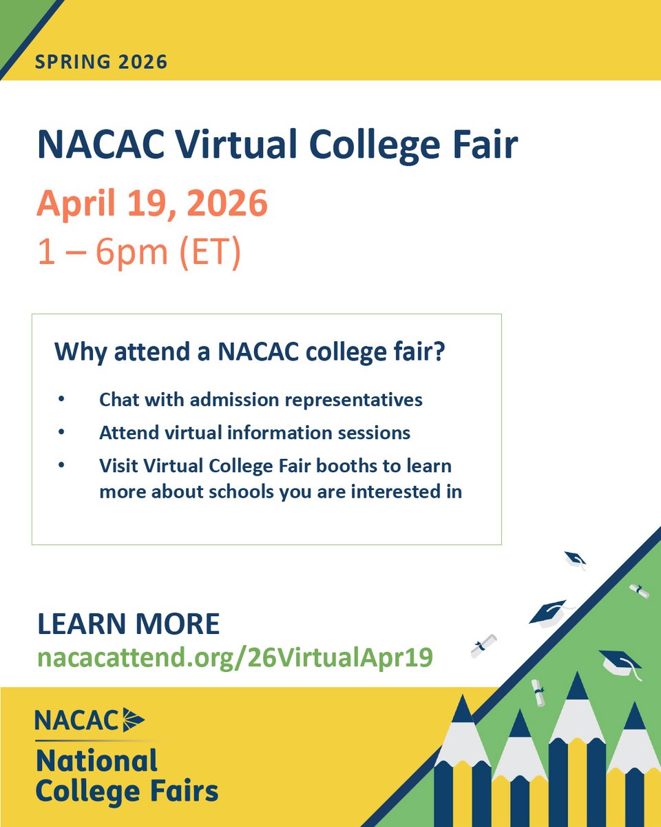 NACACFairs's tweet photo. April Virtual College Fair: Join us on April 19 from 1-6 pm ET. https://t.co/TO3caSJ5qj Virtual fairs provide a chance to connect with hundreds of schools and universities, all from the comfort of home.

#CollegeFairs #CollegeFair #SpreadtheWord https://t.co/bFyTDUiOuC