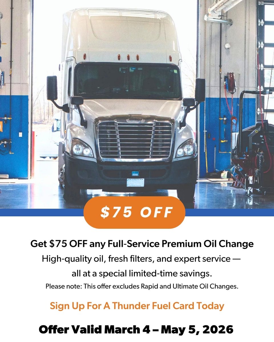 ThunderFunding's tweet photo. Keep your fleet running strong.

Get $75 OFF a Full-Service Premium Oil Change. Sign up for a Thunder Fuel Card to unlock savings: https://t.co/bKbtX5CuMT

Valid March 4–May 5, 2026 at TA, Petro, and TA Express.

#ThunderFunding #Trucking #Freight https://t.co/gahfRTZqdV