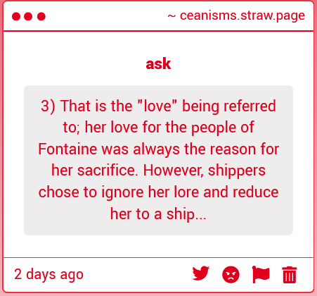 ceanisms's tweet photo. this is pretty much the accepted opinion from people who can actually see furina as her own character. the unfortunate crux of the matter is that hetsloppers see a man and woman in a room and their cognitive function shuts down before they can think further https://t.co/AKfhS9vRfU