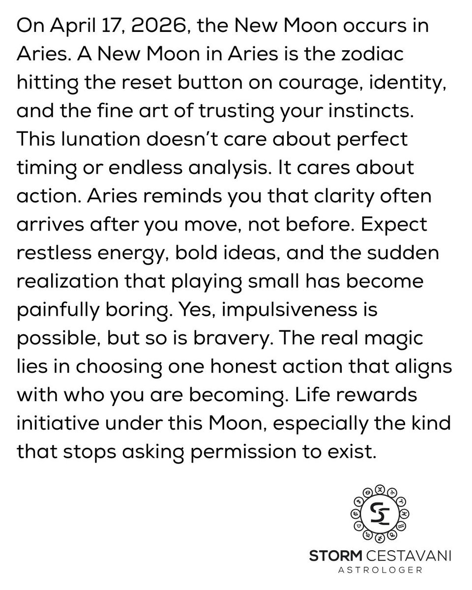 StormCestavani's tweet image. Tomorrow’s New Moon in Aries is your cue to stop waiting for perfect timing and make the move. What are you ready to begin under this New Moon in Aries? Drop it in the comments.

#astrology #horoscopes #AriesSeason