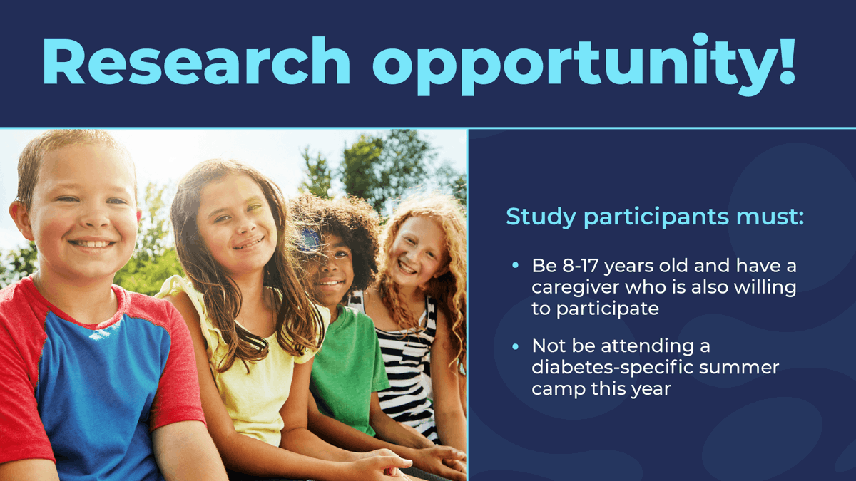 T1DExchange's tweet photo. New study opportunity! Researchers are looking for youth with #T1D ages 8 to 17 who are not attending a diabetes camp this summer -- and their caregivers -- to take a series of brief surveys. 
 
Learn more: https://t.co/exuaFNuycy https://t.co/BKsXb7gMY5