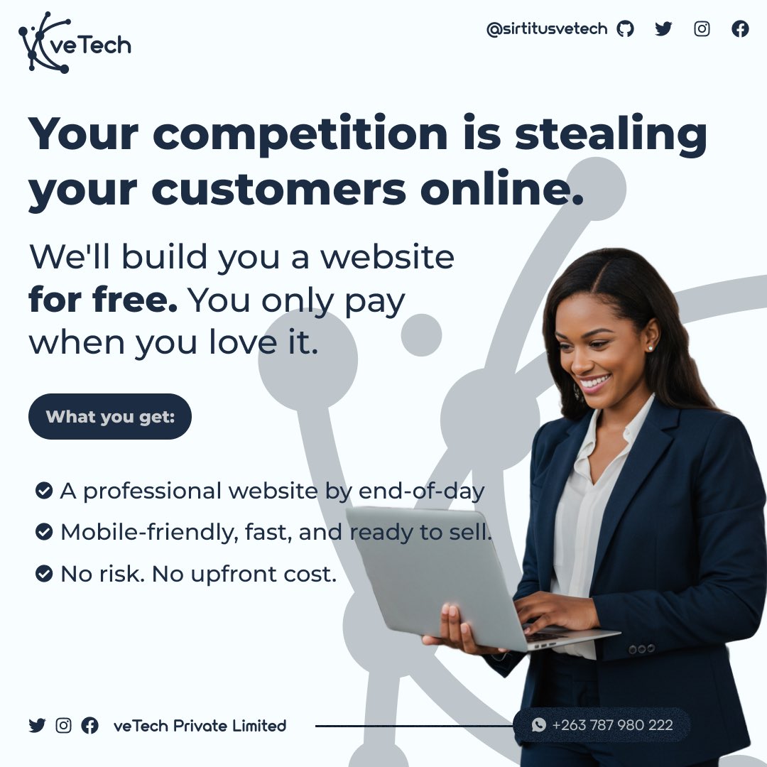 SirTitusVeTech's tweet image. Your competitor is online. Are you?

We’ll build your website for free.
You only pay if you love it.

No upfront cost. No risk.
DM us or WhatsApp +263 78 798 0222

#WebDesign #SmallBusiness #veTech