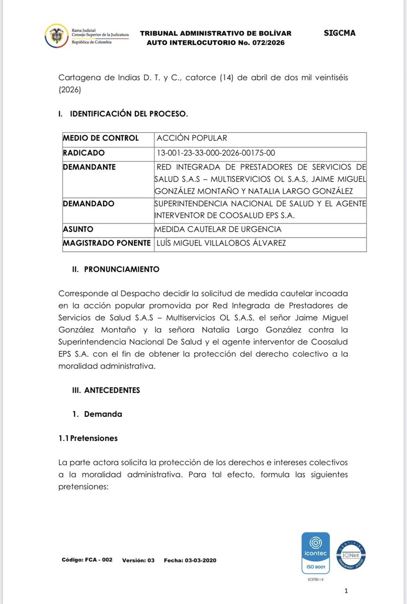 AForeroM's tweet photo. El Tribunal Administrativo de Bolívar acaba de suspender la medida de intervención administrativa contra Coosalud.

Los incompetentes que nombraron en la @Supersalud no han hecho más que meter las patas y quienes pagan las consecuencias son los pacientes y los contribuyentes. https://t.co/GsaCmS3de4