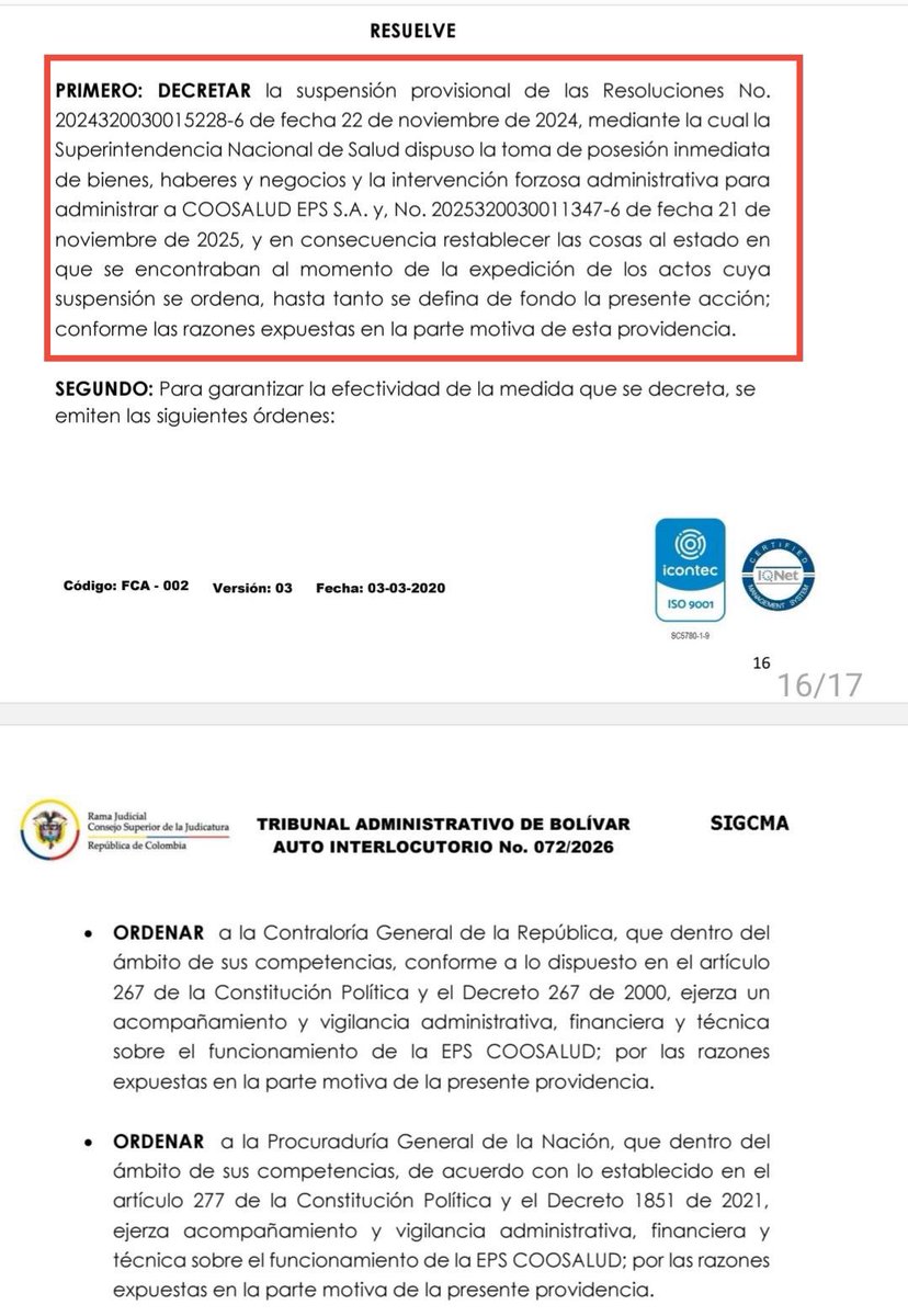 AForeroM's tweet photo. El Tribunal Administrativo de Bolívar acaba de suspender la medida de intervención administrativa contra Coosalud.

Los incompetentes que nombraron en la @Supersalud no han hecho más que meter las patas y quienes pagan las consecuencias son los pacientes y los contribuyentes. https://t.co/GsaCmS3de4