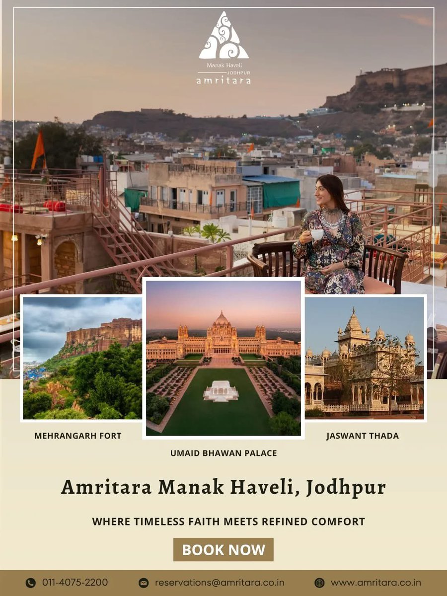 tattvats's tweet image. Your perfect getaway is just a click away—Book Now and experience comfort, style, and unforgettable stays. ✨
📍 Amritara Manak Haveli, Jodhpur
🌐 amritara.co.in 📧 reservations@amritara.co.in

#BookNow #StayWithUs #AmritaraHotelsAndResorts #Amritara #AmritaraManakHaveli
