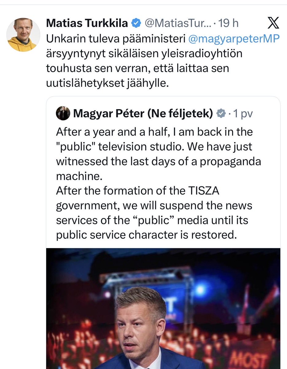 tempusultima's tweet image. Onko Turkkila oikeasti niin tietämätön ettei tiedä että Unkarin yleisradiolla ei ollut mitään tekemistä muiden eurooppalaisten yleisradioyhtiöiden, kuten YLE tai SVT kanssa. Unkarin yleisradio oli täysin valjastettu Orbanin propagannan käyttöön. #unkari #orban #propaganda