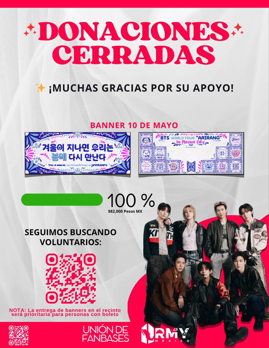 ¡Lo logramos, ARMY! 💜✨ 

DONACIONES CERRADAS - META CUMPLIDA: 100%

No tenemos palabras para agradecerles. Gracias a cada persona que donó, compartió y creyó en este proyecto, llegamos a los $82,000 MXN. 

El Banner del 10 de mayo para el BTS World Tour "ARIRANG" en CDMX es