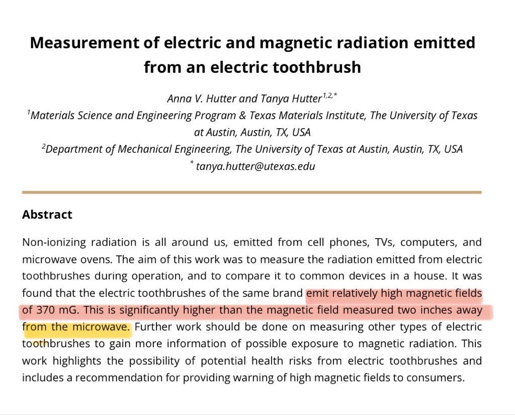 The real numbers at actual use distance:

Electric toothbrush against your jaw: 370 mG
Electric carpets: 120 mG
Electric blankets: 50 mG
Vacuum cleaner at 30cm: 32 mG (much higher at 0cm)

Leukemia threshold: 3 to 4 mG

Every morning. Every meal. Every day.

CERTIFIED SAFE.