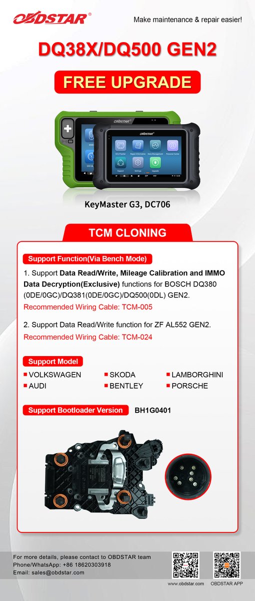 ObdstarTec's tweet photo. 🚀 DQ38X / DQ500 TCM Upgrade

✔️ Read/Write + Mileage
✔️ IMMO Decryption
✔️ BOSCH &amp; ZF GEN2

For VOLKSWAGEN, AUDI, SKODA, BENTLEY, LAMBORGHINI, PORSCHE

🔌 Bench Mode | BH1G0401

Coming soon 👀 https://t.co/w8xeYqiKlw