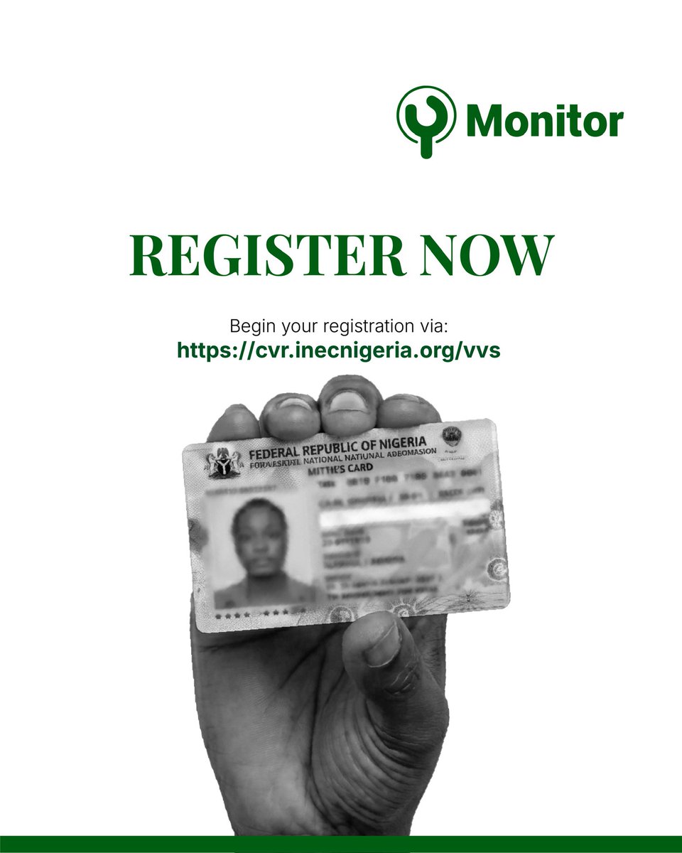 ymonitorng's tweet image. 2027 is closer than you think.
Change takes intention and participation.
Voter registration is the first step to shaping the future we deserve.
Get your PVC. Be ready to use it.

#GetYourPVC #VoterRegistration #YMonitorng #CivicAccountability