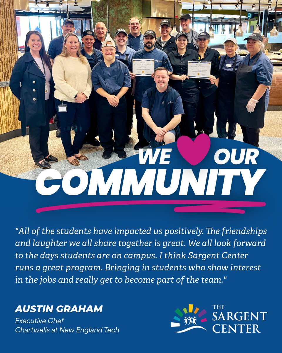 We want to thank Chartwells at NE Tech for welcoming our students into their workplace. They recently hired Jason, a Sargent graduate, as a dishwasher and he's already making an impact. It’s a success story showing the benefits of inclusive workplaces and community partnerships!