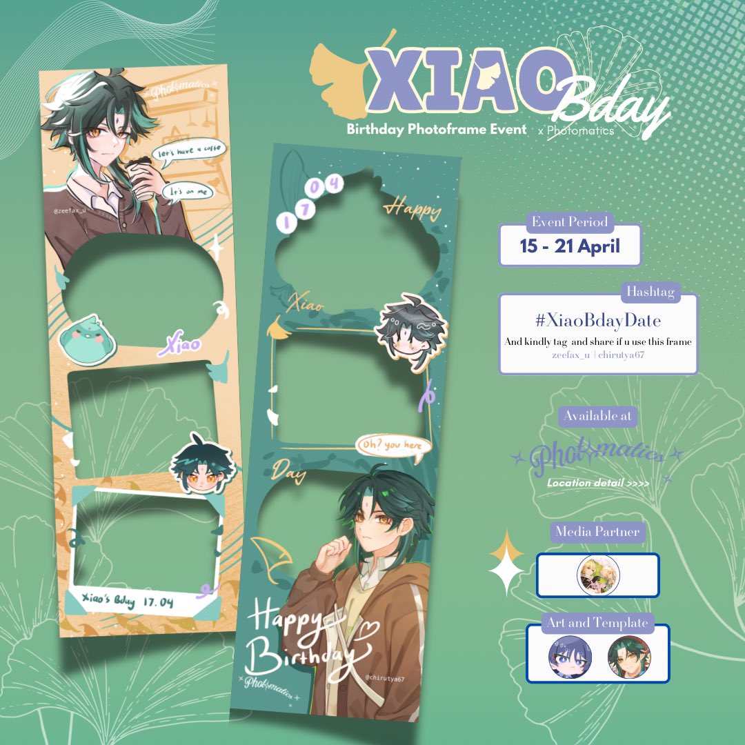 .𖥔 ݁ ˖ Xiao's Day ✨ ༘⋆
Photoframe Event and Illust by
<a href="/zeefax_u/">zeea🧋Vgen Open</a> <a href="/chirutya67/">Chiru 🫧 | CF22 (Day 2 only)</a> 

📅15-21 April 
📍<a href="/photomaticsid/">Si paling narsis</a>

Are u ready?? (˶˃ ᵕ ˂˶) pls kindly share with us and use the tag
#XiaoBdayDate 

￬￬ location details
#Xiao #GenshinImpact