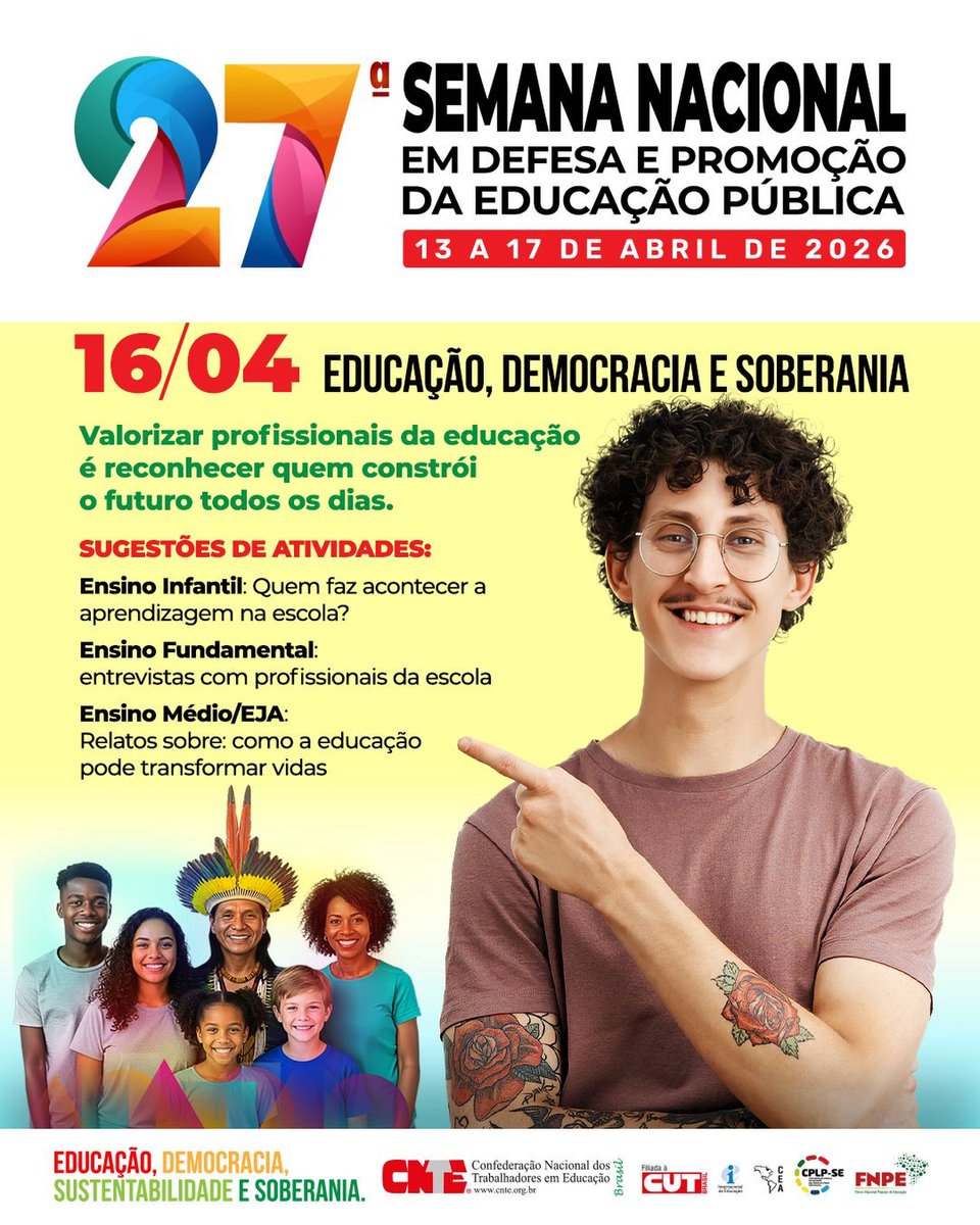 ✊🏾 Valorizar as(os) profissionais da educação é reconhecer quem constrói o futuro todos os dias!

📚 Na 27ª Semana Nacional em Defesa e Promoção da Educação Pública da CNTE, o chamado é fortalecer essa luta também no chão das escolas.

💪🏾 Confira as sugestões de atividades e