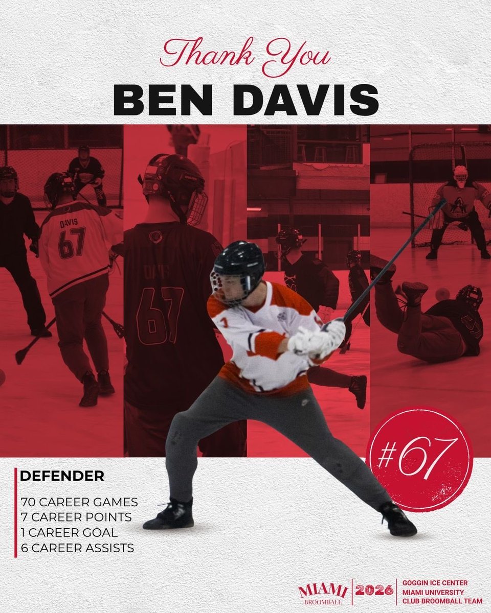 Coming up on our fourth Senior Spotlight: BEN DAVIS! Officially 1 DAY TILL NATIONALS in Minneapolis!! 

#loveandhonor #redhawks #miamioh #broomball